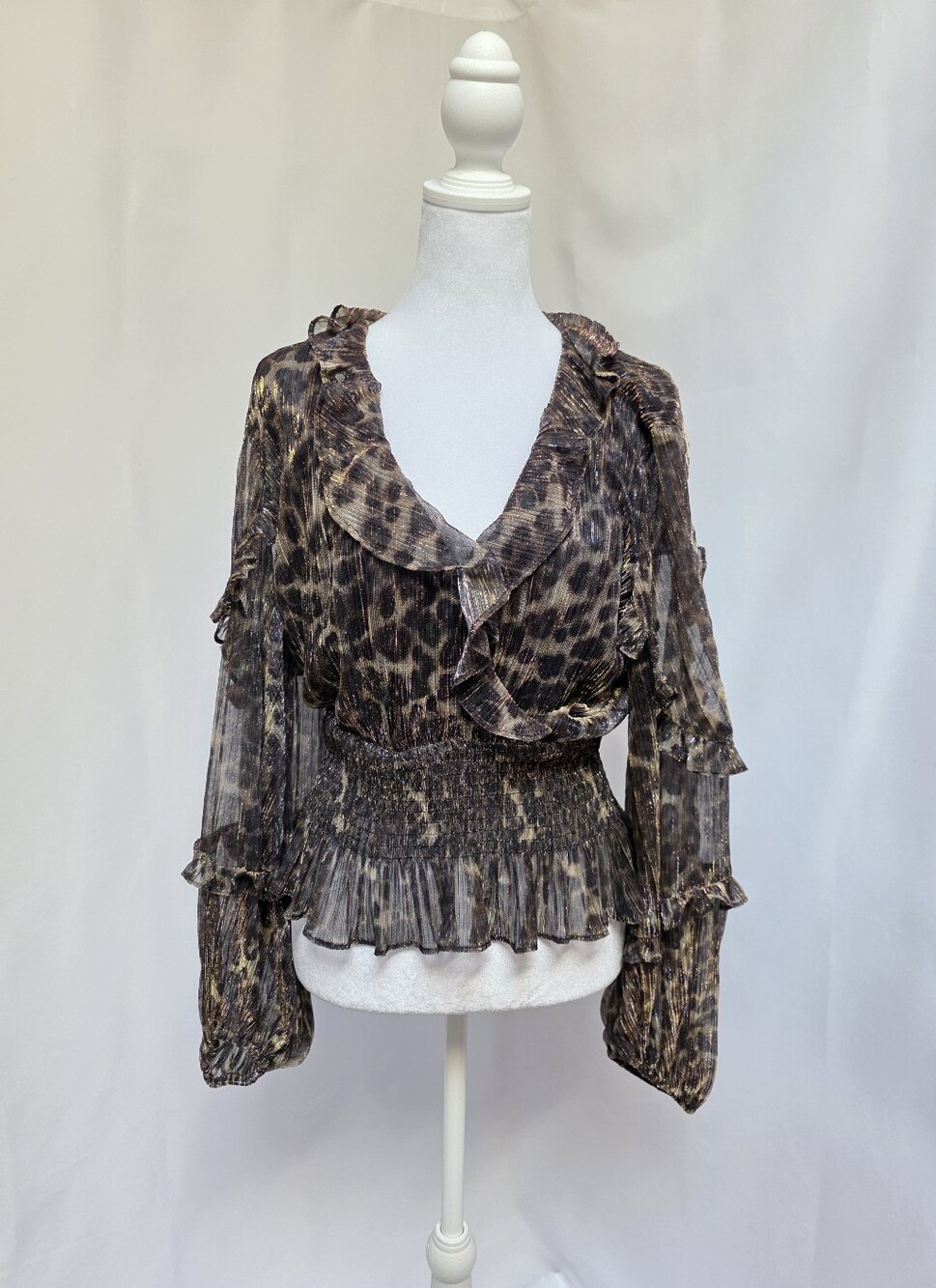 Bardot Metallic Leopard Ruffle Wrap Blouse Sheer Balloon Sleeve Size 10/Large